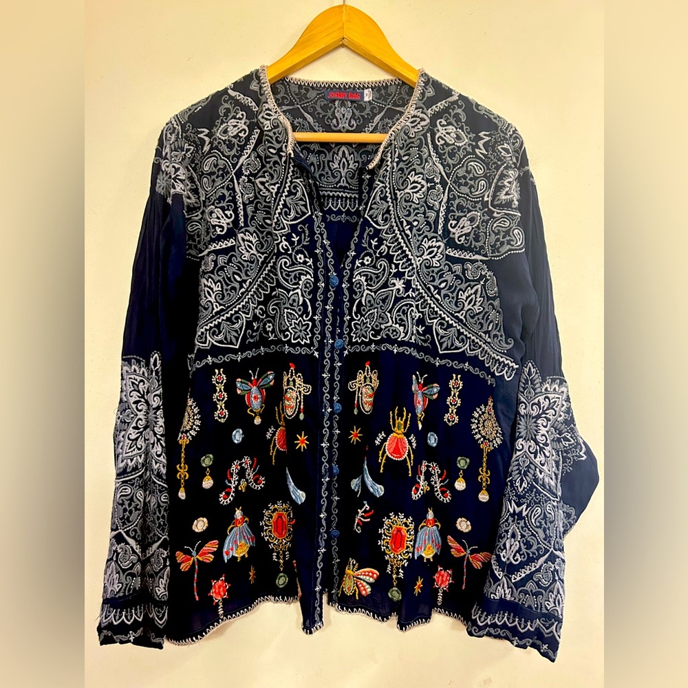 Beautifully embroidered Johnny Was button up silk shirt size medium